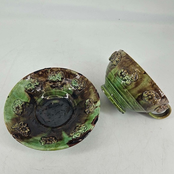 Vintage delicate majolica glazed floral teacup Demitasse cup and Saucer